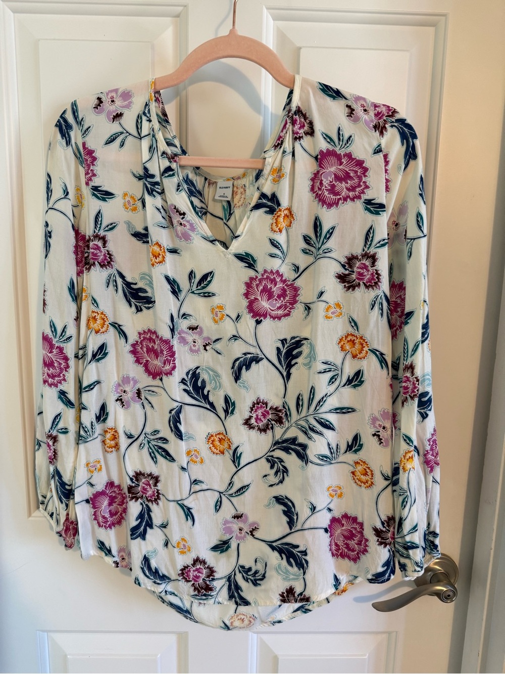 Old Navy Cream Floral V-Neck Blouse with Pink, Yellow & Navy Accents